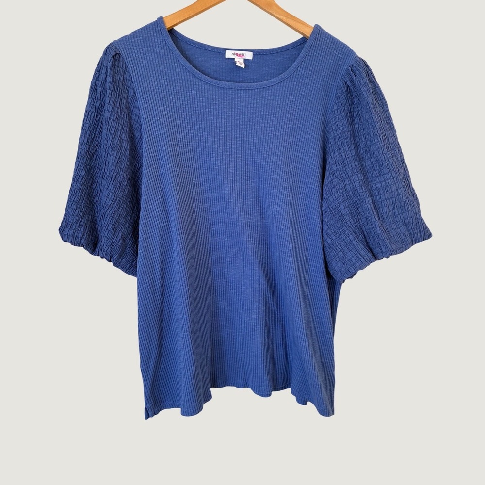 Nine West Womens Plus 2X Blue Ribbed Smocked Puff Sleeve Knit Top Crew Neck